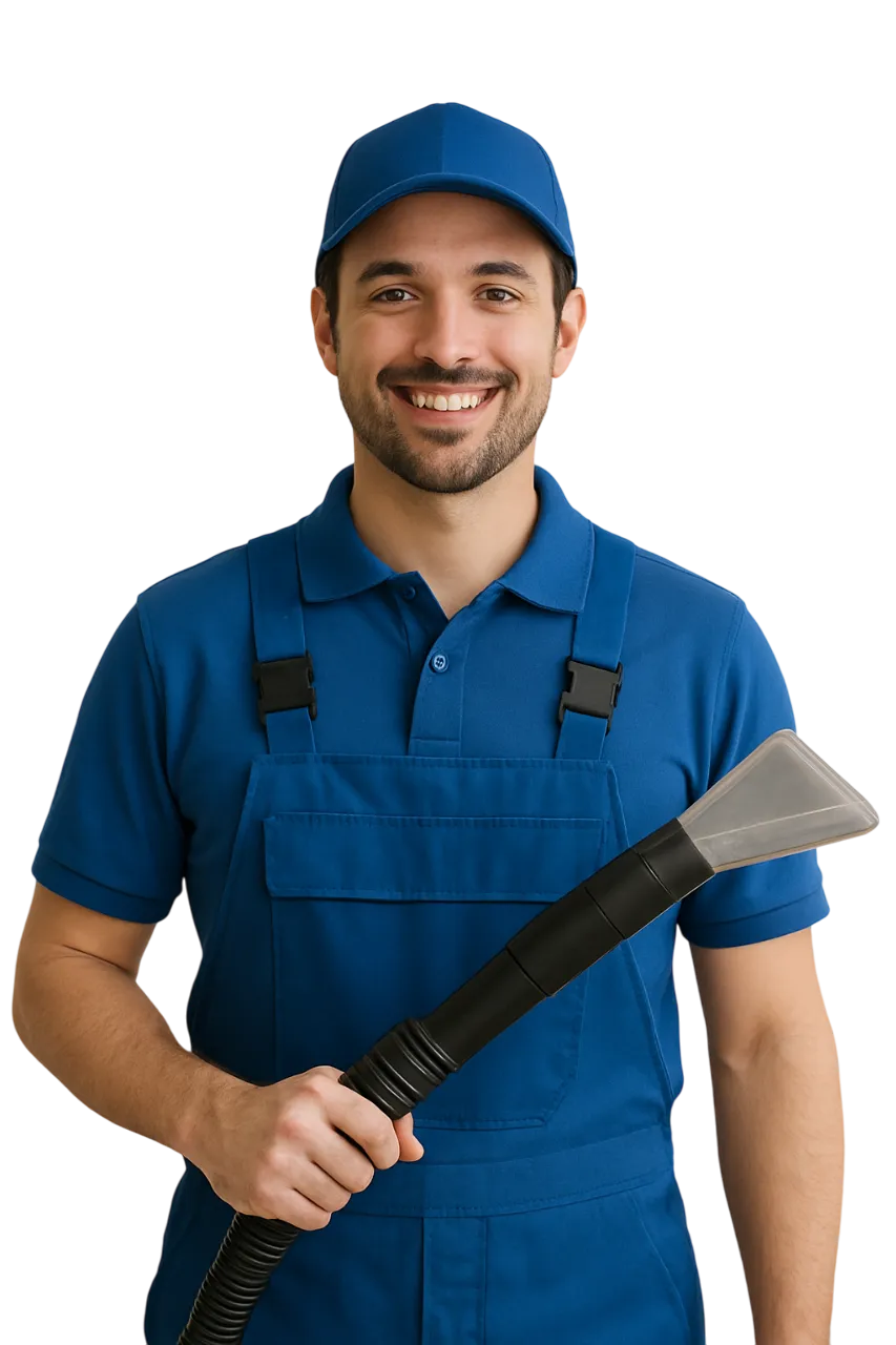 person standing holding vacuum cleaner